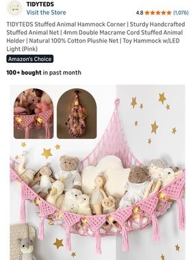 Pink TIDYTEDS Macrame DreamLights Boho Stuffed Animal Storage Net Hammock NEW